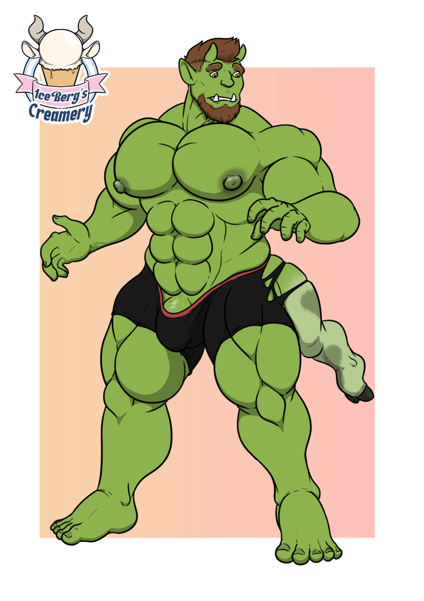 1ceberg absurd_res anthro bulge clothed clothing green_body hi_res horn humanoid looking_back male mammal mostly_nude muscular muscular_male nipples orc partially_clothed pecs solo standing transformation underwear
