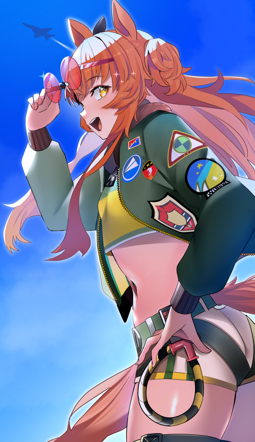 1girl absurdres aircraft airplane animal_ears badge bespectacled blue_sky bomber_jacket commentary_request cowboy_shot cropped_shirt eyewear_on_head from_side glasses green_jacket hair_between_eyes hand_on_own_hip harness highres horse_ears horse_girl horse_tail jacket jet jitome_no_tsugumi long_sleeves looking_at_viewer mayano_top_gun_(umamusume) midriff navel open_mouth orange_eyes orange_hair outdoors red-tinted_eyewear shirt shorts sky smile solo sunglasses tail teeth thighs tinted_eyewear two_side_up umamusume upper_teeth_only white_shorts yellow_shirt