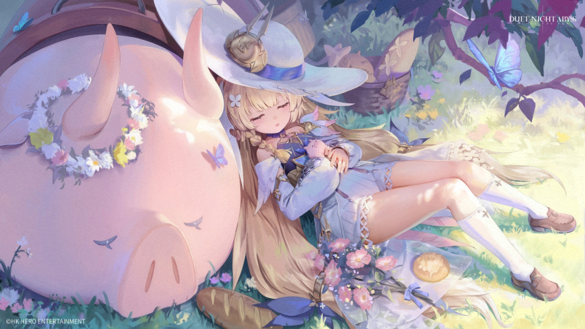 1girl bare_shoulders basket blonde_hair bouquet bread brown_footwear bug butterfly character_request closed_eyes duet_night_abyss flower food gesoking grass hair_flower hair_ornament hat head_wreath highres kneehighs lying on_back on_grass pig saddle sleeping socks solo twintails white_headwear white_socks
