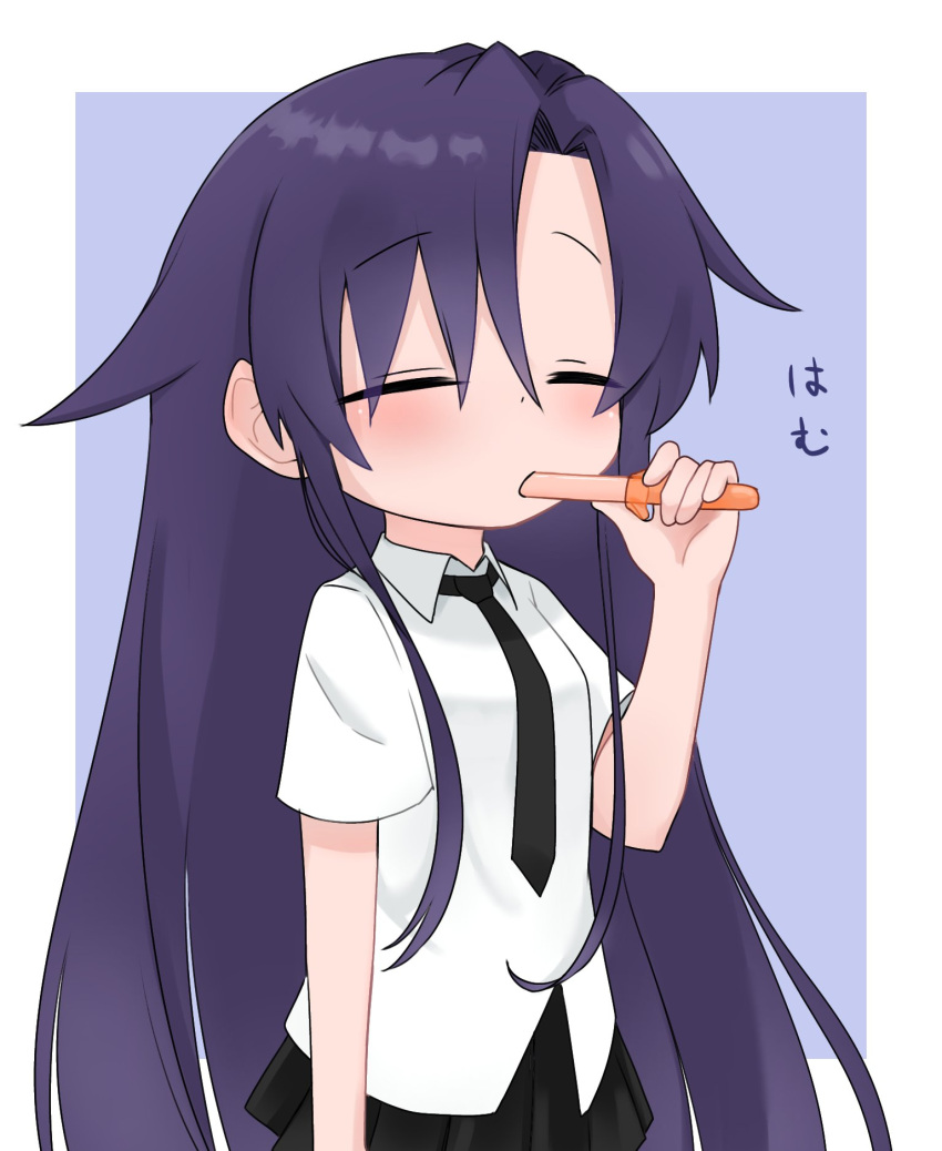 1girl blue_background closed_eyes eating fusuma_(suwaru_boom) goshiki_agiri highres kill_me_baby long_hair necktie purple_hair school_uniform short_sleeves skirt translation_request white_background