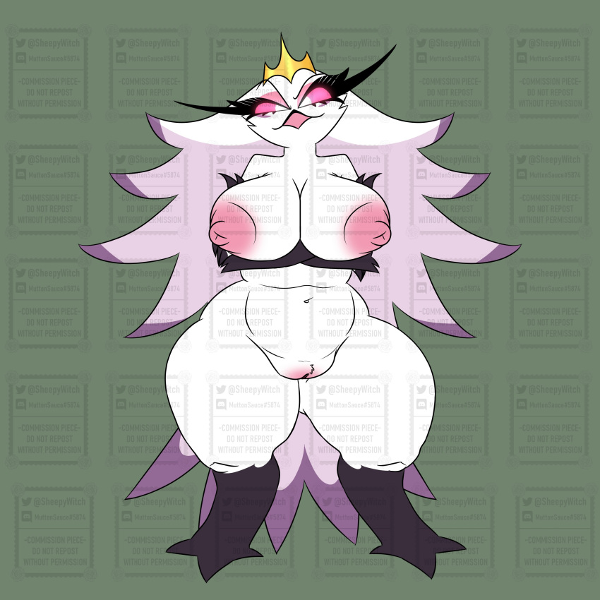 1:1 absurd_res anthro avian big_breasts bird breasts crown distracting_watermark feathers female genitals headgear helluva_boss hi_res huge_breasts muttonsauce nipples nude owl pussy solo stella_(helluva_boss) watermark