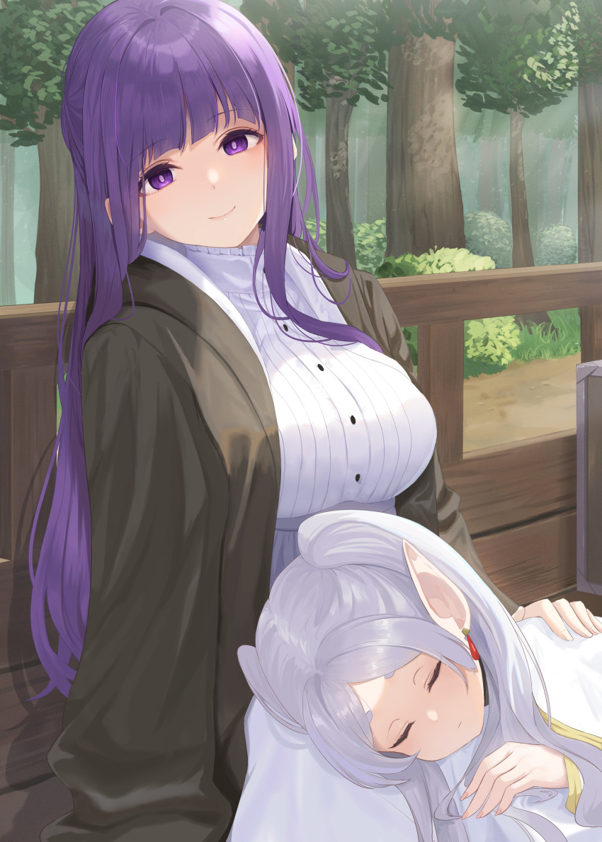 2girls absurdres black_cloak breasts bush cloak closed_eyes cut_bangs daily_(daily178900) dress earrings elf fern_(sousou_no_frieren) frieren grass highres hime_cut jewelry large_breasts long_hair looking_at_viewer lying_on_person multiple_girls outdoors pointy_ears purple_eyes purple_hair sitting sleeping smile sousou_no_frieren straight_hair suitcase tree twintails white_dress