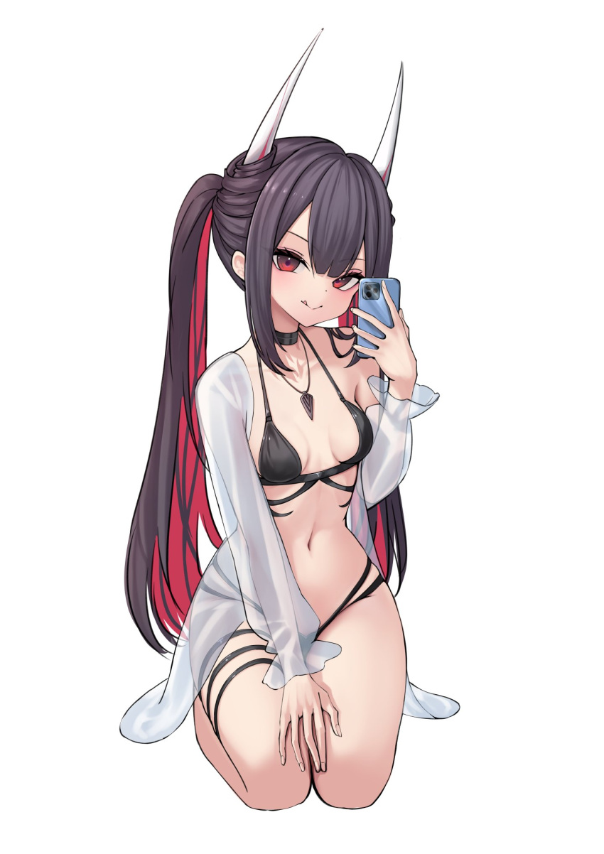 1girl azur_lane bikini black_bikini black_choker black_hair breasts cellphone choker collarbone colored_inner_hair defaultkavy demon_horns hatsuzuki_(august's_first_romance)_(azur_lane) hatsuzuki_(azur_lane) head_tilt highres holding holding_phone horns jewelry kneeling licking_lips looking_at_viewer multicolored_hair navel necklace official_alternate_costume phone red_eyes red_hair seiza simple_background sitting small_breasts smartphone solo stomach swimsuit thigh_strap tongue tongue_out twintails two-tone_hair white_background