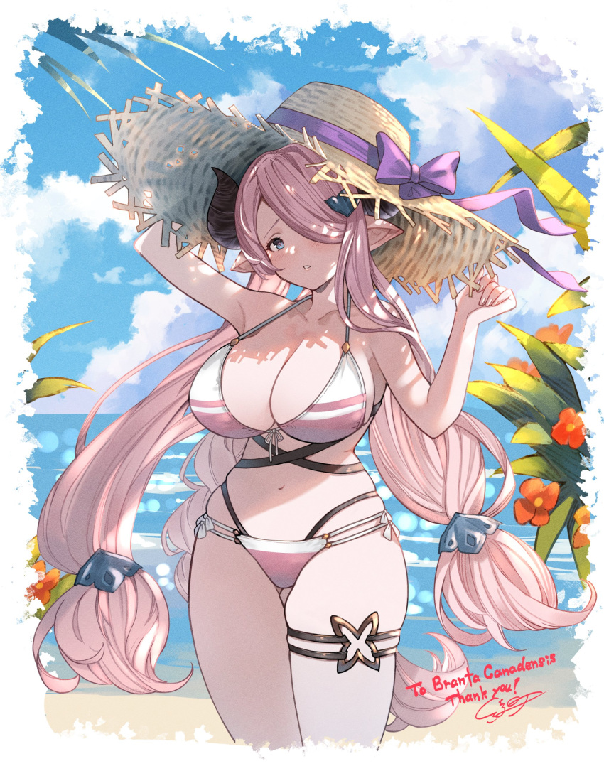 1girl absurdres ayacho beach bikini blue_eyes blue_sky breasts cloud day draph flower granblue_fantasy hair_over_one_eye hat highres horns large_breasts long_hair looking_at_viewer low_twintails narmaya_(granblue_fantasy) narmaya_(summer)_(granblue_fantasy) ocean open_mouth outdoors pink_hair pointy_ears skindentation sky solo straw_hat summer sun_hat swimsuit thick_thighs thigh_strap thighs twintails