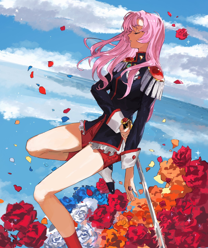 1girl closed_eyes cloud cloudy_sky epaulettes flower highres long_hair long_sleeves petals pineapple6huza pink_hair red_flower red_rose rose rose_petals shoujo_kakumei_utena sky solo sword sword_of_dios tenjou_utena weapon