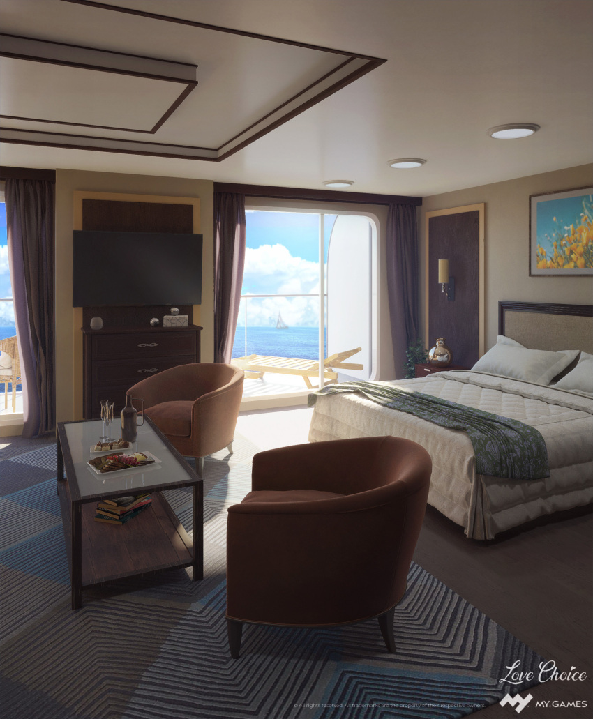 3d armchair bed bed_sheet bedroom blanket blue_sky book book_stack bottle carpet chair chest_of_drawers cloud cloudy_sky cup day drinking_glass food glass_door highres no_humans ocean open_door original plate scenery shadow shore sky surafin television wine_bottle