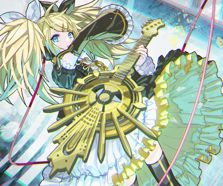 1girl absurdres alternate_costume alternate_hairstyle blonde_hair blue_eyes bow closed_mouth detached_sleeves dress frilled_dress frills guitar hair_bow hair_ornament hair_ribbon hairclip headphones highres instrument kagamine_rin kyarairo long_hair looking_at_viewer music playing_instrument ribbon roshin_yuukai_(vocaloid) solo thighhighs twintails two-tone_dress vocaloid yellow_nails zettai_ryouiki