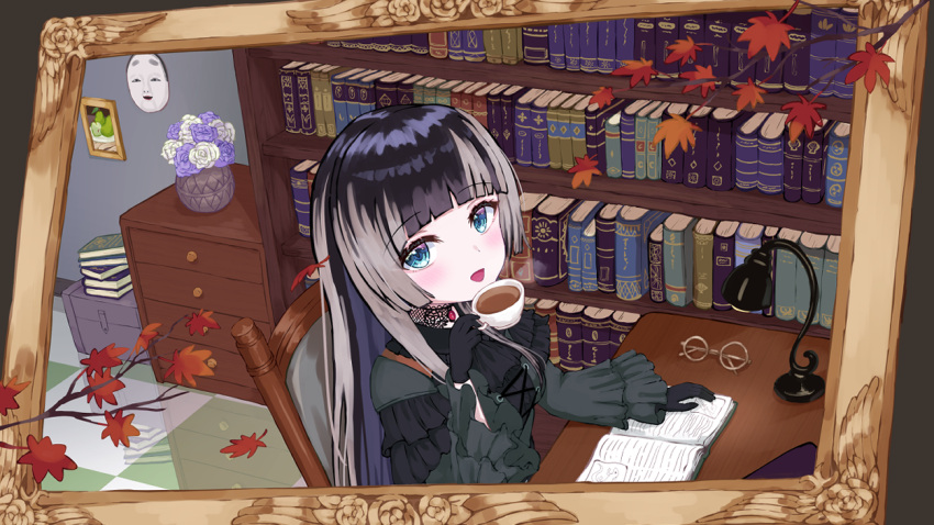 1girl autumn_leaves black_choker black_dress black_gloves black_hair blue_eyes blunt_bangs book bookshelf choker cup desk_lamp dress gloves gothic_lolita grey_hair holding holding_cup hololive hololive_dev_is juufuutei_raden lace-trimmed_choker lace_trim lamp lolita_fashion looking_at_viewer multicolored_hair nobume open_mouth picture_frame sidelocks smile streaked_hair virtual_youtuber