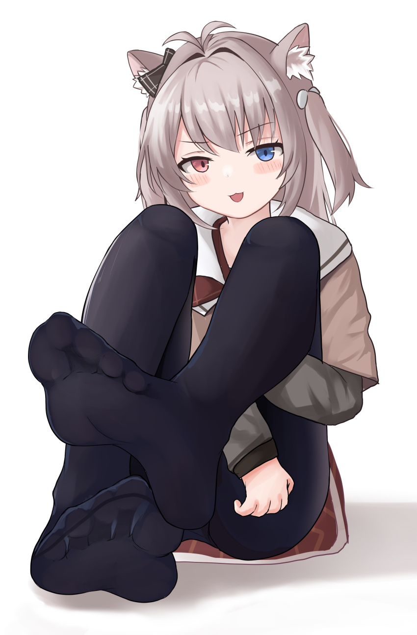 1girl :3 absurdres animal_ear_fluff animal_ears black_pantyhose blue_eyes blush brown_hair brown_shirt commission convenient_leg dorsiflexion eyelashes feet foot_focus foot_up foreshortening full_body greek_toe grey_sleeves heterochromia highres hugging_own_legs knees_up legs long_hair long_sleeves looking_at_viewer lts_kakuyo miniskirt no_shoes on_ground open_mouth original panties panties_under_pantyhose pantyhose pink_eyes red_skirt sailor_collar school_uniform shadow shirt short_sleeves simple_background sitting skeb_commission skirt soles solo toes two_side_up underwear white_background white_panties