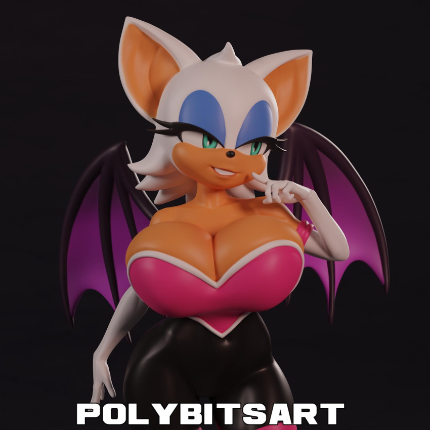 3d_(artwork) anthro armwear bat big_breasts big_ears bodysuit breasts cleavage cleavage_overflow clothed clothing digital_media_(artwork) elbow_gloves eyeshadow female gloves green_eyes handwear hi_res huge_breasts lips makeup mammal polybitsart rouge_the_bat sega skinsuit solo sonic_the_hedgehog_(series) tight_clothing wide_hips wings