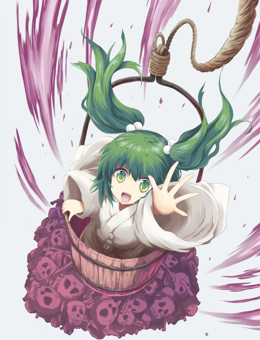 1girl bucket green_eyes green_hair hair_bobbles hair_ornament highres in_bucket in_container kisume open_mouth reaching reaching_towards_viewer rope short_hair skull smile solo strange_creators_of_outer_world suichuu_hanabi touhou twintails wooden_bucket