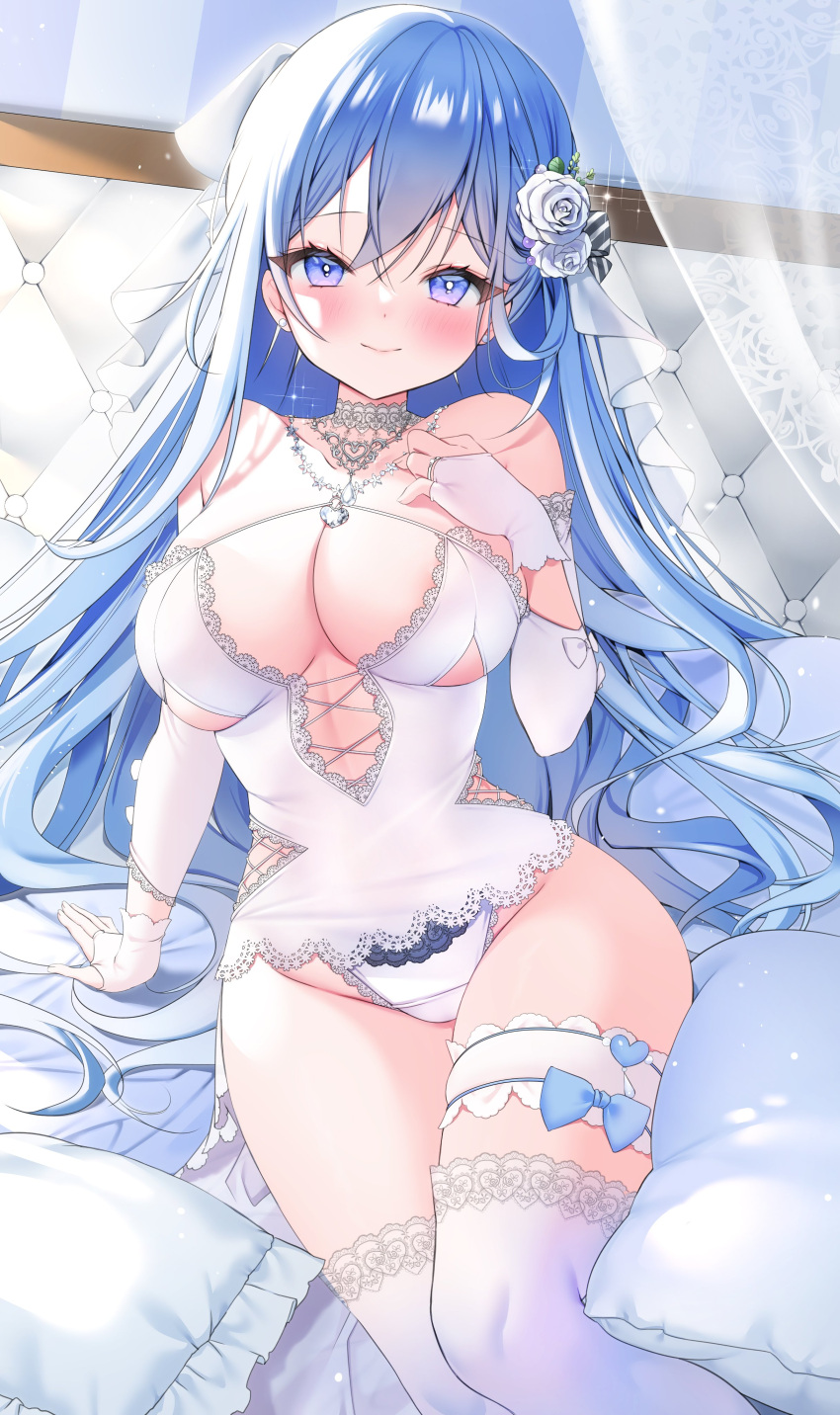 1girl absurdres arm_support bare_shoulders blue_eyes blue_hair breast_cutout breasts choker cleavage crotch_seam detached_sleeves embarrassed emori_miku emori_miku_project flower frown hair_flower hair_ornament hand_on_own_chest hand_up highres jewelry lace-trimmed_legwear lace-trimmed_leotard lace_trim large_breasts leotard long_hair long_sleeves looking_at_viewer necklace ring side_cutout sitting smile solo thigh_strap thighhighs thighs very_long_hair wedding_ring white_choker white_leotard white_thighhighs yoruhoshi_owl