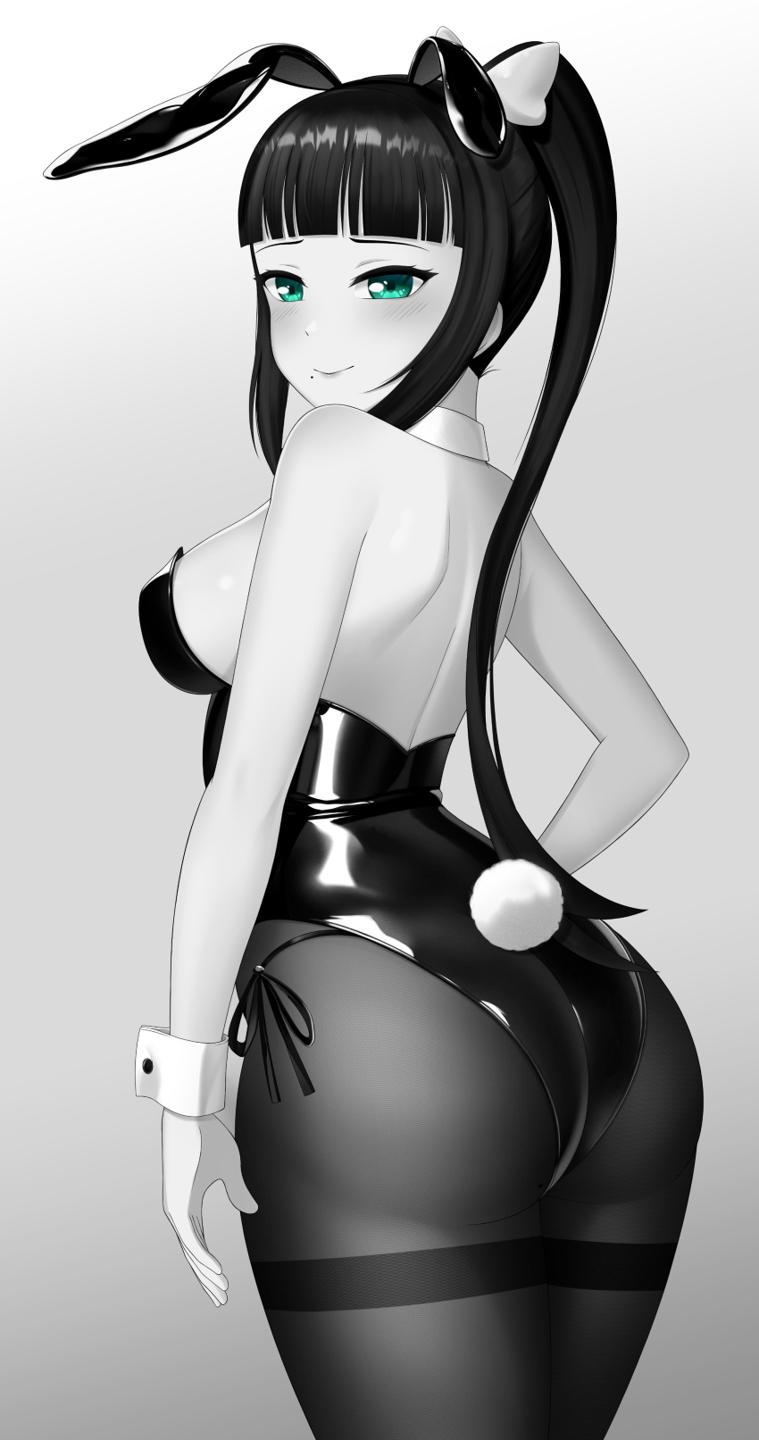 1girl absurdres alternate_costume animal_ears ass backless_leotard bare_shoulders black_hair black_leotard blunt_bangs breasts bunny_day closed_mouth detached_collar fake_animal_ears fake_tail from_behind green_eyes greyscale high_ponytail highres kurosawa_dia leotard long_hair looking_at_viewer looking_back love_live! love_live!_sunshine!! medium_breasts mole mole_under_mouth monochrome pantyhose rabbit_ears rabbit_tail solo tail thighband_pantyhose wrist_cuffs yisusjpl