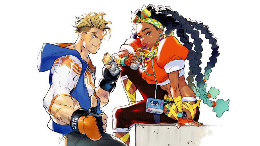 1boy 1girl blonde_hair braid burrito colored_tips crop_top dark-skinned_female dark_skin fingerless_gloves gloves highres hip_vent hood hoodie kimberly_(street_fighter) luke_sullivan multicolored_hair multiple_braids official_art scar scar_across_eye simple_background smile street_fighter street_fighter_6 tamio thumbs_up walkman