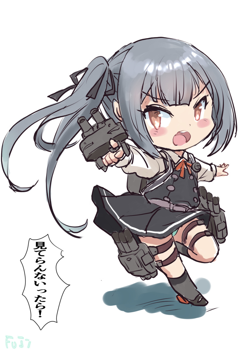 1girl adapted_turret aiming brown_eyes cannon chibi collared_shirt commentary_request dress dress_shirt fuji_(pixiv24804665) grey_hair highres kantai_collection kasumi_(kancolle) kasumi_kai_ni_(kancolle) long_hair long_sleeves machinery open_mouth pinafore_dress round_teeth shirt side_ponytail simple_background sleeveless sleeveless_dress solo teeth torpedo_launcher translation_request turret upper_teeth_only white_background white_shirt