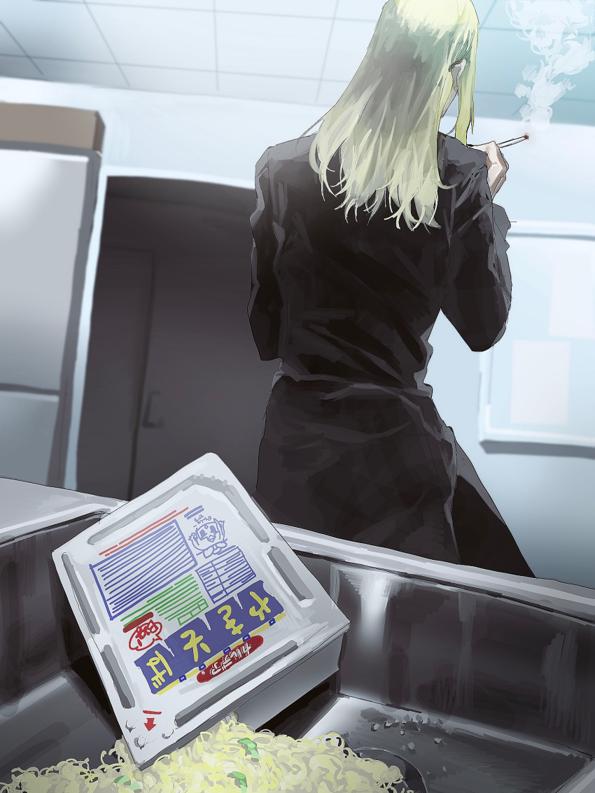 1boy black_jacket black_nails blonde_hair cigarette fate/grand_order fate_(series) food from_behind highres holding holding_cigarette indoors jacket kitchen long_hair long_sleeves male_focus mat_44_tam noodles refrigerator sink solo sunglasses tezcatlipoca_(fate)