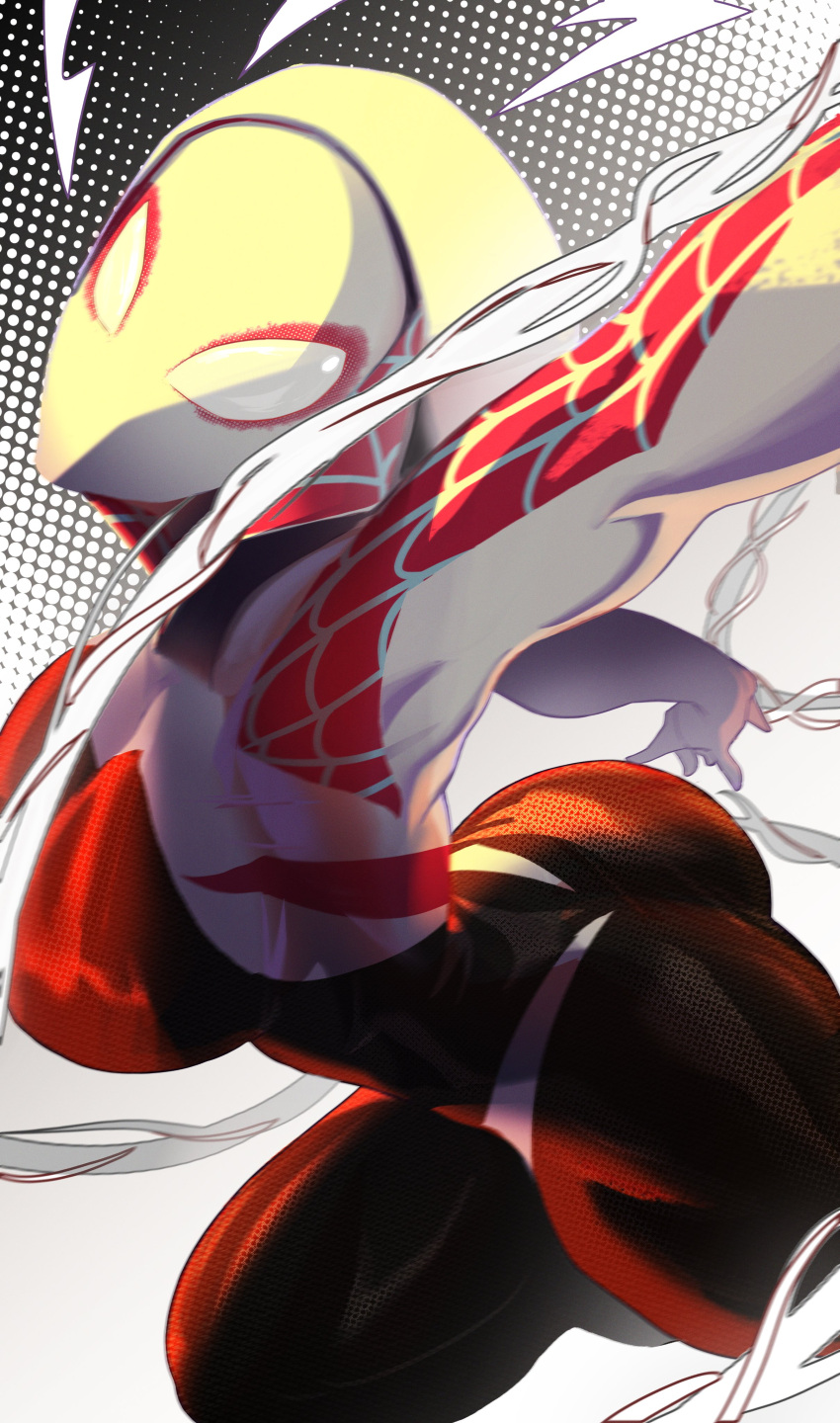 1girl absurdres armpits ass bodysuit breasts gwen_stacy highres hood hooded_bodysuit large_breasts looking_at_viewer maousr marvel mask silk skin_tight spider-gwen spider-man:_across_the_spider-verse spider-man:_into_the_spider-verse spider-man_(series) spider_web spider_web_print superhero