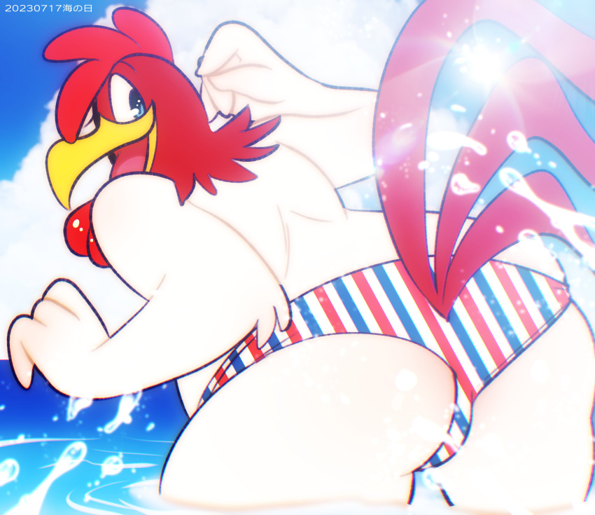 absurd_res anthro avian beak bird blue_eyes brown_body brown_feathers butt chicken clothing feathers foghorn_leghorn galliform gallus_(genus) hi_res imotaco looking_back looney_tunes male partially_submerged pattern_clothing phasianid solo speedo striped_clothing stripes swimwear warner_brothers water white_body white_feathers