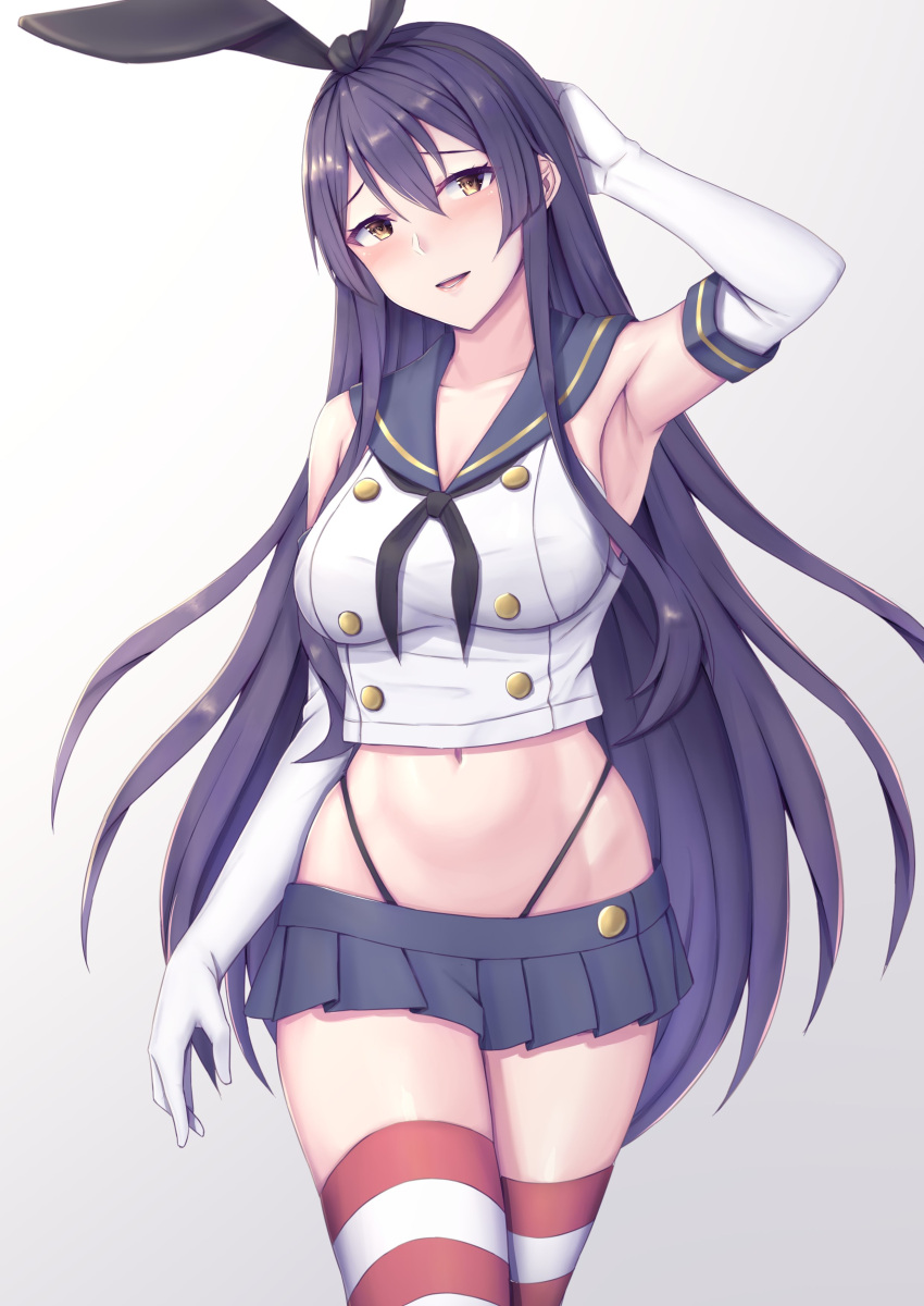 1girl :d absurdres arm_up armpits black_eyes black_hair blush breasts chikuma_(kancolle) commentary_request commission cosplay cowboy_shot crop_top elbow_gloves gloves hair_between_eyes highres kantai_collection large_breasts long_hair miniskirt navel ohguro_mariya open_mouth school_uniform serafuku shimakaze_(kancolle) shimakaze_(kancolle)_(cosplay) simple_background skeb_commission skirt smile solo standing striped striped_thighhighs thighhighs white_background white_gloves
