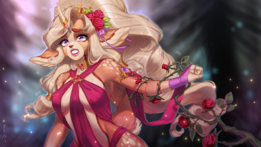 16:9 anthro blood bodily_fluids breasts countershade_torso countershading deer female flower hair horn long_hair mammal plant plna rose_(flower) solo tail tree widescreen