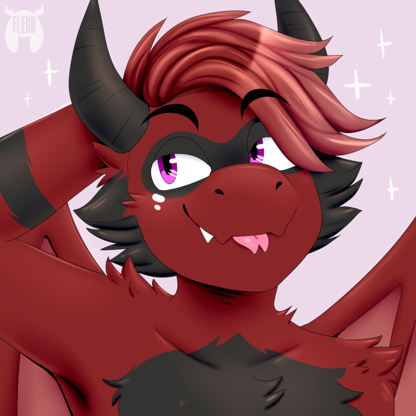 1:1 anthro biped black_body black_fur blep cheek_tuft chest_tuft dragon facial_tuft fleurfurr forked_tongue fur hair hi_res horn looking_aside male monotone_hair multicolored_body multicolored_fur pink_eyes red_body red_fur red_hair red_wings simple_background solo tongue tongue_out tuft two_tone_body two_tone_fur watermark wings