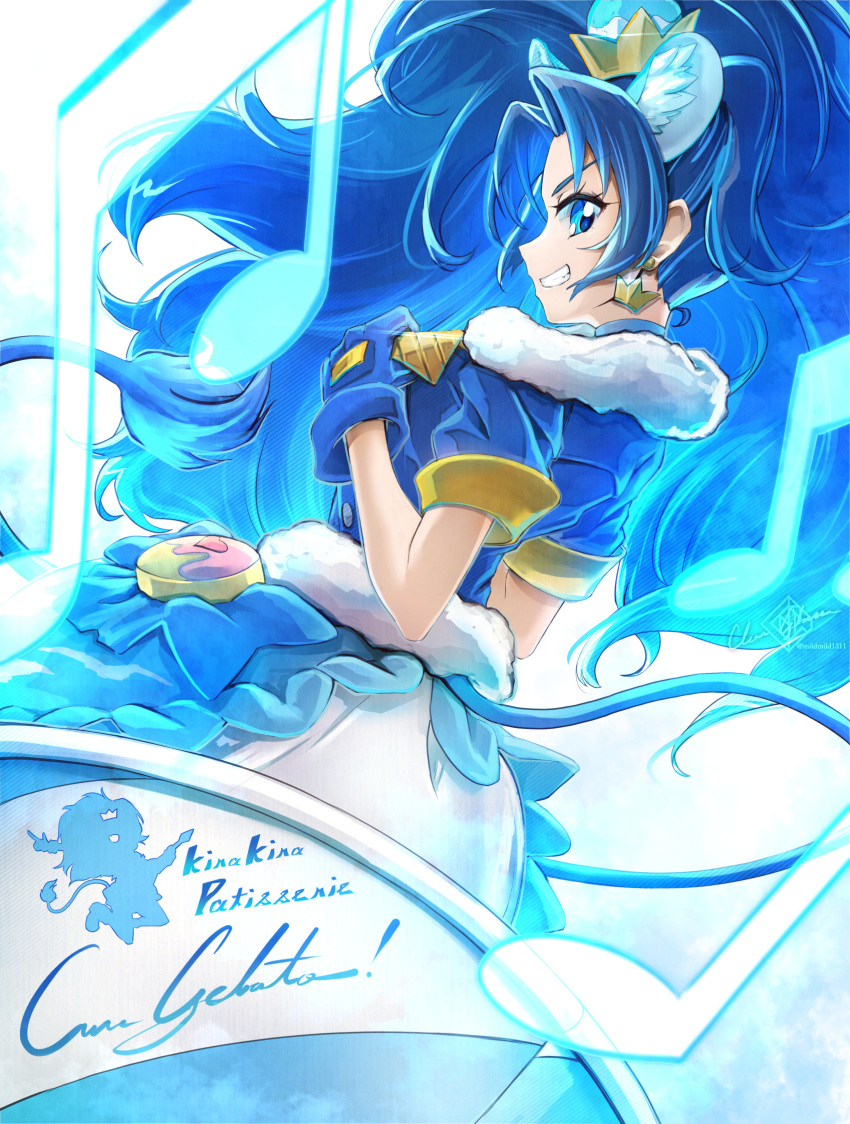 1girl animal_ears back blue_choker blue_gloves blue_hair blue_skirt blue_thighhighs character_name choker clear_glass_(mildmild1311) crown crown_earrings cure_gelato extra_ears gloves highres kirakira_precure_a_la_mode layered_skirt lion_ears lion_tail long_hair looking_at_viewer looking_back magical_girl mini_crown precure short_sleeves skirt smile solo tail tategami_aoi thighhighs