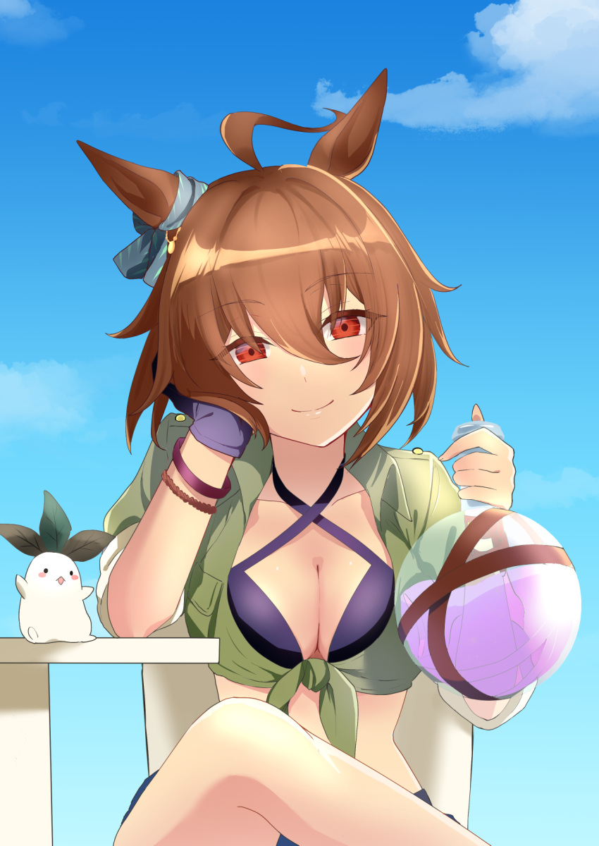 1girl agnes_tachyon_(lunatic_lab)_(umamusume) agnes_tachyon_(umamusume) ahoge animal_ears bikini black_bikini black_gloves blue_sky bracelet breasts brown_hair cleavage commentary_request criss-cross_halter crossed_legs ear_ornament flask gakeumi gloves green_shirt hair_between_eyes halterneck head_rest highres holding holding_flask horse_ears horse_girl jewelry looking_at_viewer medium_breasts messy_hair midriff official_alternate_costume open_clothes open_shirt outdoors round-bottom_flask shirt single_glove sky sleeves_rolled_up solo summer's_sunlight_fades_to_blue_(umamusume) swimsuit table tied_shirt umamusume upper_body