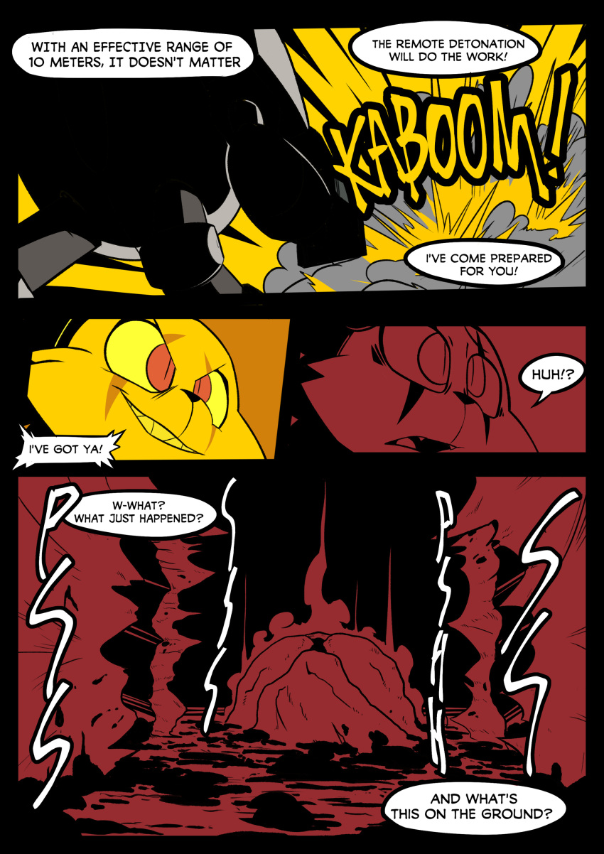 2023 absurd_res anthro comic dialogue digital_media_(artwork) english_text explosion felid fur hi_res machine mammal mecha pantherine parfait_(plaga) plaga purple_eyes text tiger yellow_body yellow_fur