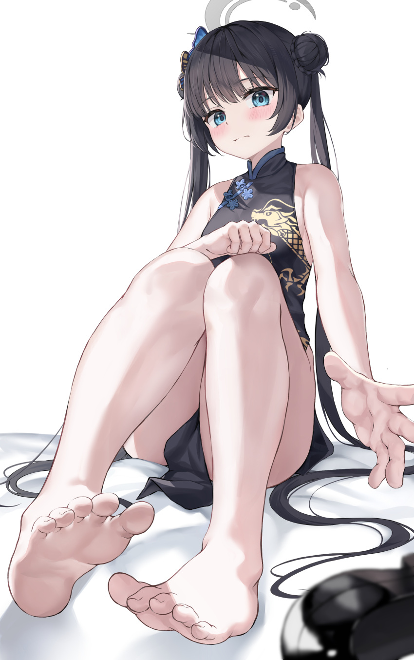 1girl absurdres bare_legs barefoot black_footwear black_hair blue_archive blue_eyes blush breasts china_dress chinese_clothes closed_mouth double_bun dragon_print dress feet grey_halo hair_bun halo highres kisaki_(blue_archive) kurone_(kurone_ryuo) legs long_hair looking_at_viewer print_dress shoes shoes_removed simple_background sitting sleeveless sleeveless_dress small_breasts toenails toes twintails white_background