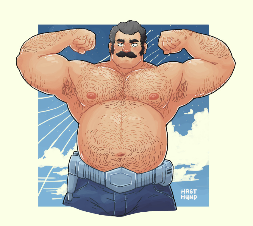 1boy absurdres alternate_body_hair alternate_pectoral_size arm_hair armpit_hair back_hair bara biceps big_belly bulge chest_hair cropped_legs denim double_biceps_pose facial_hair flexing gundam hahasthund hairy hand_hair highres jeans knuckle_hair large_pectorals looking_at_viewer male_focus mature_male mobile_suit_gundam_the_origin muscular muscular_male mustache navel navel_hair nipples pants pectorals ramba_ral stomach thick_eyebrows thick_mustache topless_male