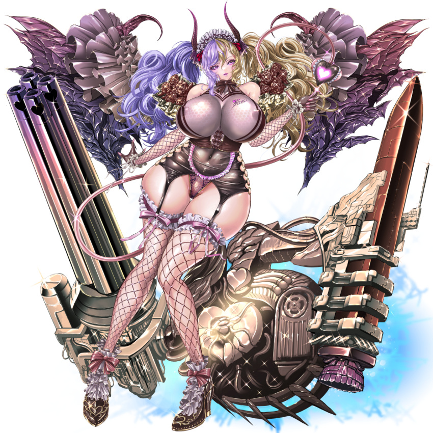 1:1 armwear big_breasts blonde_hair breasts clothed clothing demon demon_humanoid digital_media_(artwork) dulcieze_(eden's_ritter_grenze) eden's_ritter_grenze female fishnet fishnet_armwear fishnet_legwear footwear gatling_gun gun hair hi_res high_heels horn horned_humanoid huge_breasts humanoid legwear leotard machine_gun minigun missile monster_girl_(genre) naglfar not_furry pink_eyes purple_hair ranged_weapon solo spade_tail succubus tail thick_thighs weapon