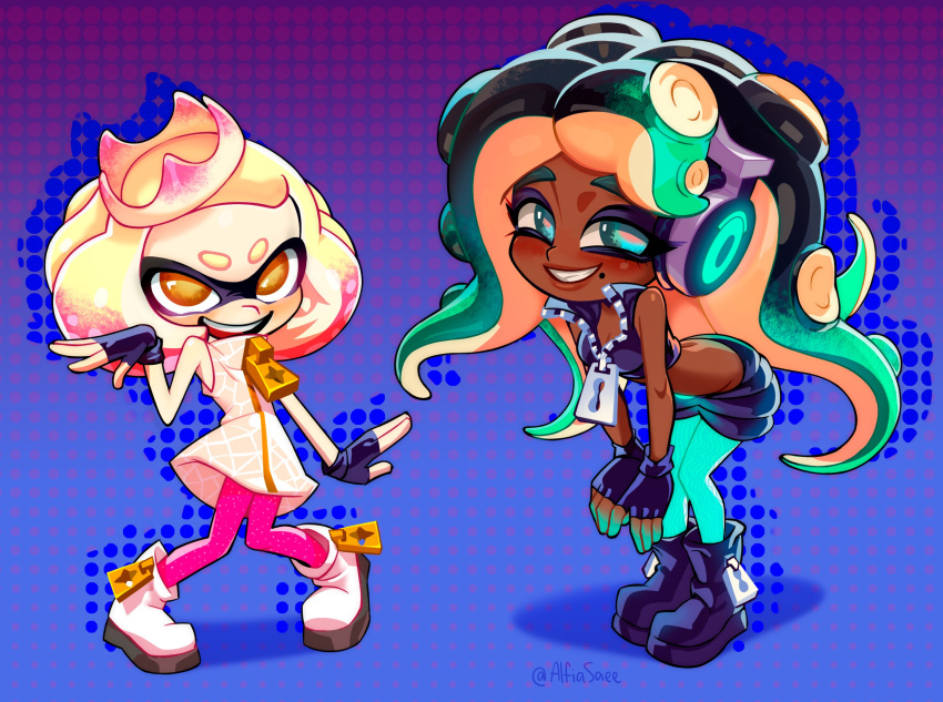 2023 alfiasaee animal_humanoid beauty_mark boots breasts cephalopod cephalopod_humanoid clothing crown dark_body dark_skin duo female fingerless_gloves footwear gloves handwear headgear headphones hi_res humanoid inkling light_body light_skin looking_at_viewer marina_(splatoon) marine marine_humanoid mollusk mollusk_humanoid nintendo octarian octoling open_mouth open_smile pearl_(splatoon) pseudo_hair signature smile splatoon suction_cup tentacle_hair tentacles