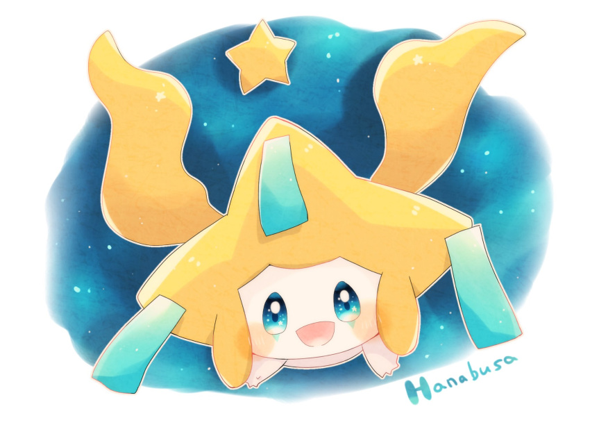 animal_focus artist_name blue_eyes colored_skin commentary_request facial_mark hanabusaoekaki highres jirachi night night_sky no_humans open_mouth pokemon pokemon_(creature) sky smile star_(sky) tanzaku white_skin