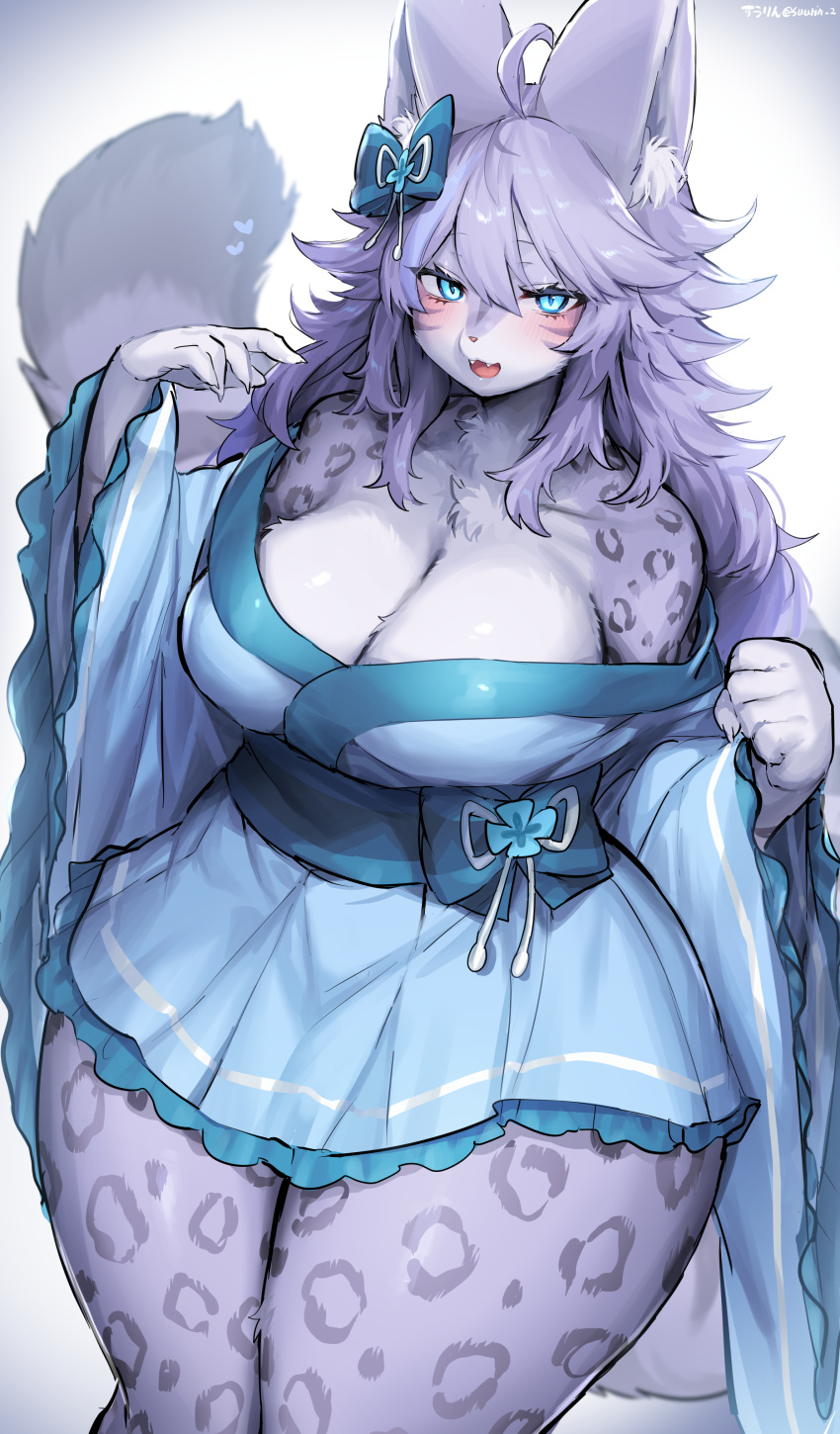absurd_res anthro breasts cleavage clothed clothing curvy_figure felid female fur hair hi_res mammal pantherine snow_leopard solo spots spotted_body spotted_fur suurin_2 thick_thighs voluptuous wide_hips