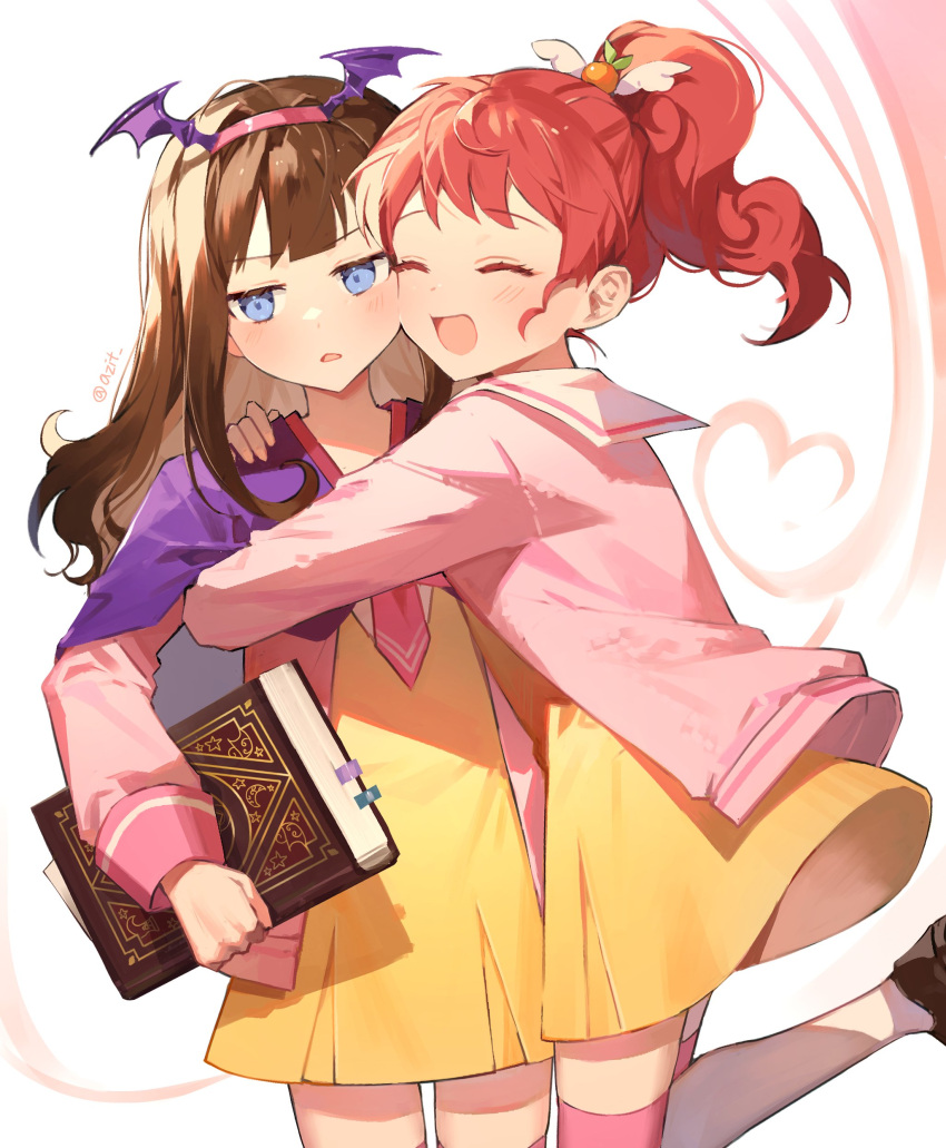 2girls absurdres azit_(down) blue_eyes blush book brown_hair closed_eyes commentary copyright_request dress headband highres hug jacket long_hair multiple_girls open_clothes open_jacket pink_headband pink_jacket pink_thighhighs ponytail pretty_(series) pripara red_hair smile standing standing_on_one_leg symbol-only_commentary thighhighs wing_hair_ornament yellow_dress