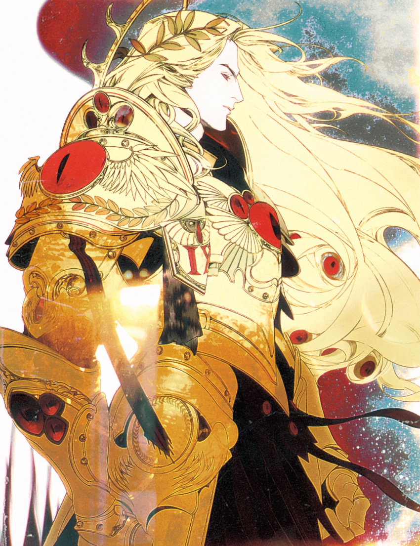 1boy angel_wings armor bishounen blonde_hair blood_angels bloom breastplate closed_mouth commentary couter cuirass eyes_of_horus_(warhammer_40k) floating_hair from_side gauntlets glowing glowing_wings gold_armor highres jian_tai_(cuoyu0) laurel_crown leg_armor long_hair male_focus pauldrons pelvic_curtain poleyn power_armor primarch red_eyes rerebrace roman_numeral sanguinius shoulder_armor solo very_long_hair warhammer_40k white_background white_wings wings