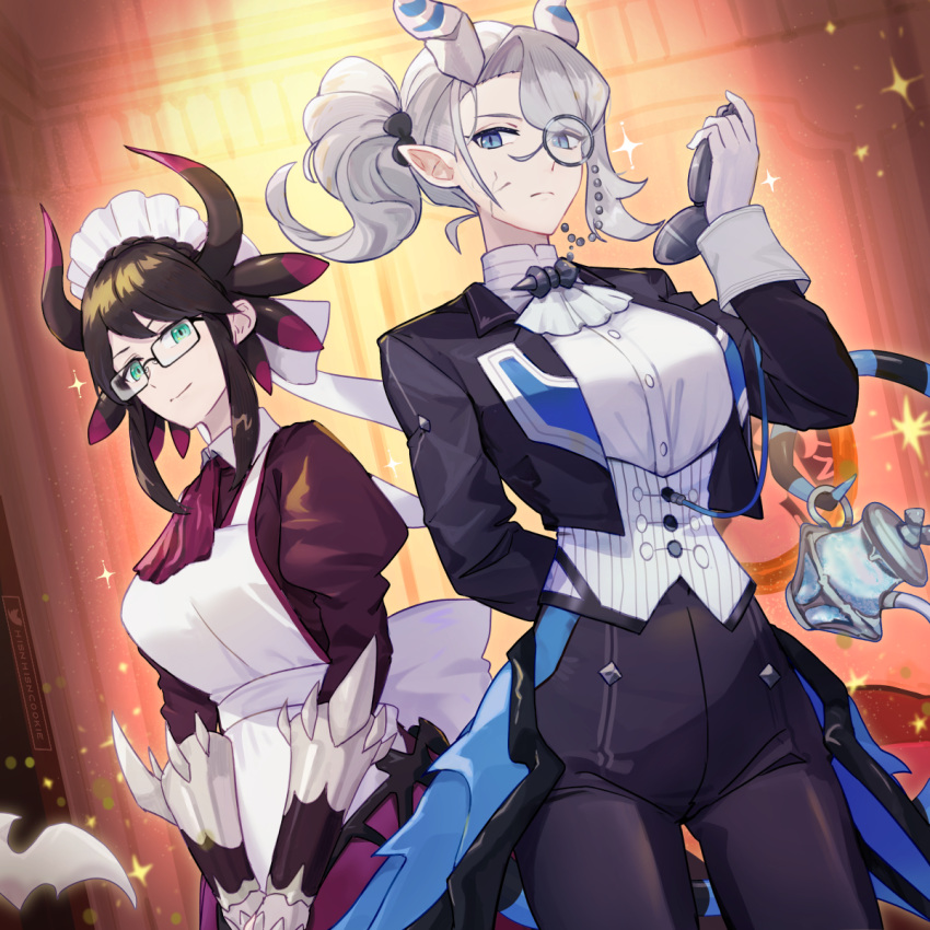 2girls apron arias_the_labrynth_butler blue_eyes breasts butler demon_girl demon_horns dragon_horns dragon_wings duel_monster female_butler glasses gloves grey_hair highres holding holding_pocket_watch horns house_dragonmaid hsin lace-trimmed_apron lace_trim long_hair monocle multiple_girls own_hands_together pocket_watch pointy_ears teapot trait_connection vambraces watch wings yu-gi-oh!