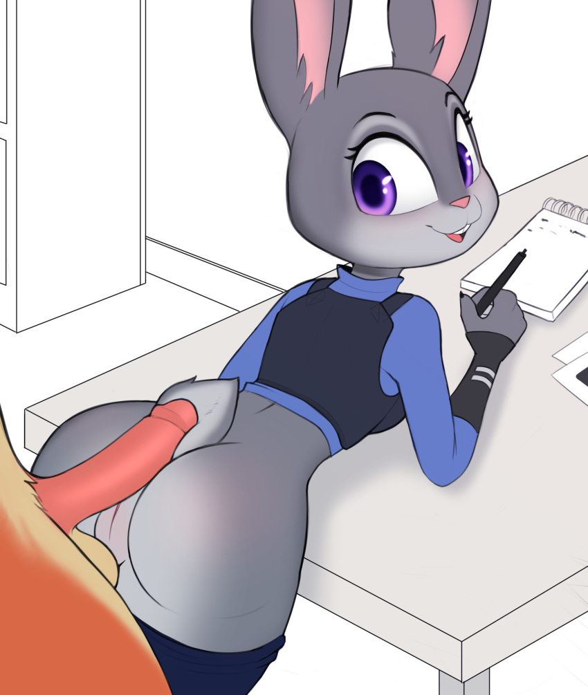 2023 anthro balls bottomwear bottomwear_down butt canid canine clothed clothing disney duo erection female fox fur furniture genitals grey_body grey_fur hi_res hot_dogging humanoid_genitalia humanoid_penis judy_hopps kobradraws lagomorph leporid looking_back male male/female mammal nick_wilde notebook open_mouth pants pants_down partially_clothed pen penis pink_nose police_uniform purple_eyes pussy rabbit red_fox smile table tail teeth tongue uniform zootopia