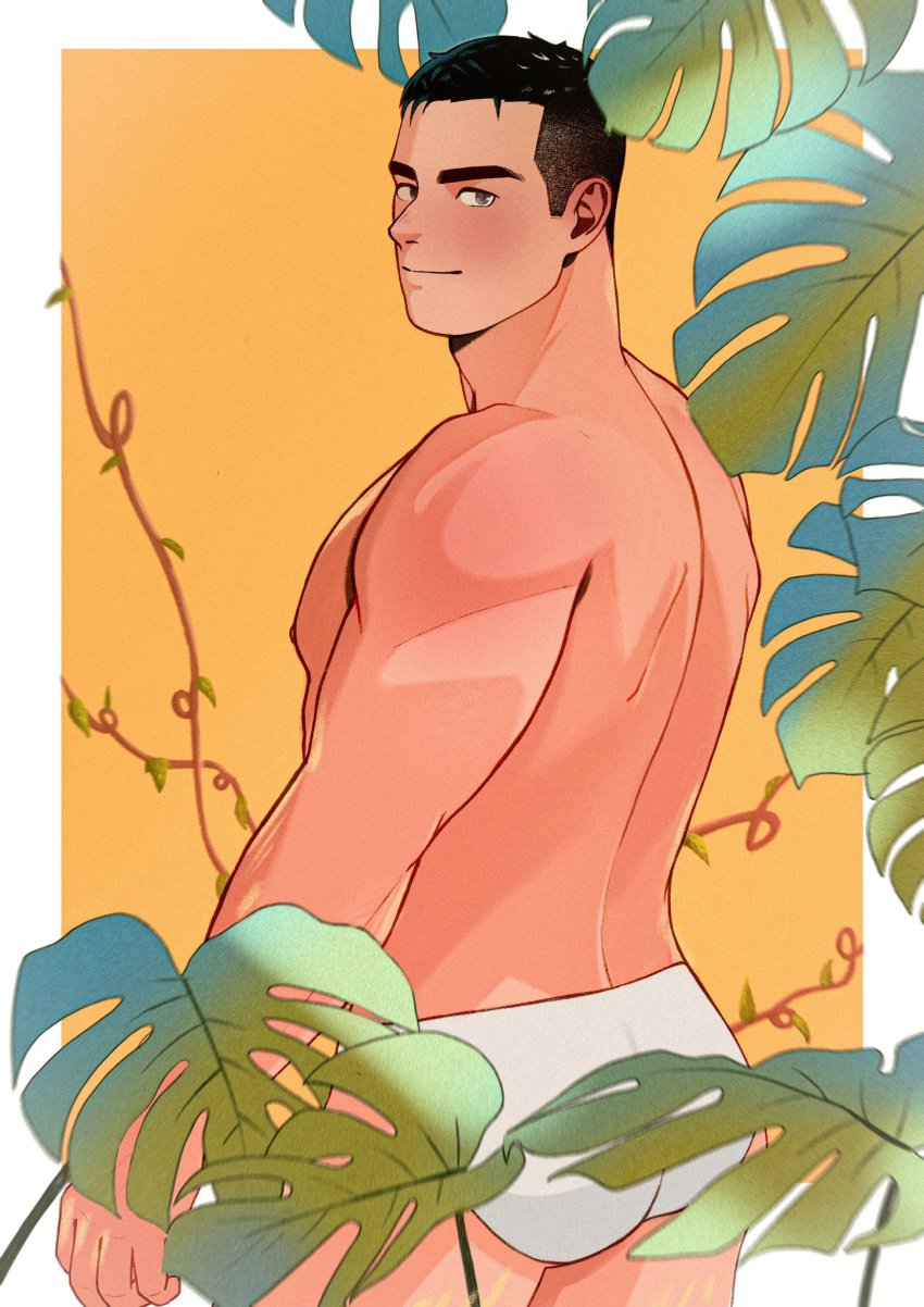 1boy ass back bara black_eyes black_hair cowboy_shot highres imramillust looking_back male_focus male_underwear monstera_deliciosa muscular muscular_male nipples original pectorals plant short_hair sidepec smile solo thick_eyebrows undercut underwear underwear_only vines white_male_underwear yellow_background