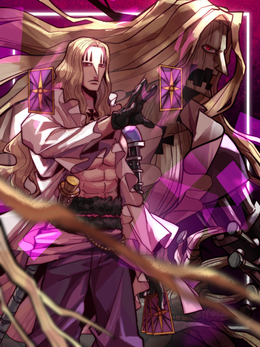 1boy abs basil_hawkins black_gloves blonde_hair card cowboy_shot cross cszdl502 expressionless facial_mark gloves highres holding holding_card jacket long_hair long_sleeves male_focus one_piece open_clothes open_jacket red_eyes sheath sheathed solo tarot white_jacket