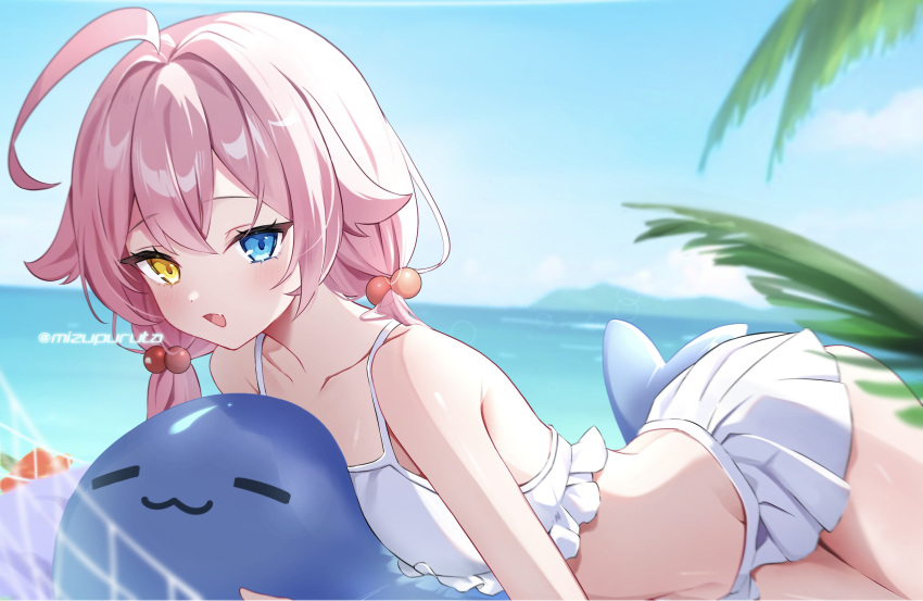 1girl :3 =_= absurdres ahoge bare_shoulders bikini bikini_skirt blue_archive blue_eyes blurry blush collarbone commentary_request depth_of_field double-parted_bangs flat_chest frilled_bikini_top hair_between_eyes hair_bobbles hair_flaps hair_ornament hammock heterochromia highres horizon hoshino_(blue_archive) hoshino_(swimsuit)_(blue_archive) huge_ahoge long_hair looking_at_viewer low_twintails lying midriff mizupuruta mountainous_horizon ocean on_stomach open_mouth outdoors pink_hair smile solo stuffed_toy swimsuit tree twintails white_bikini yellow_eyes