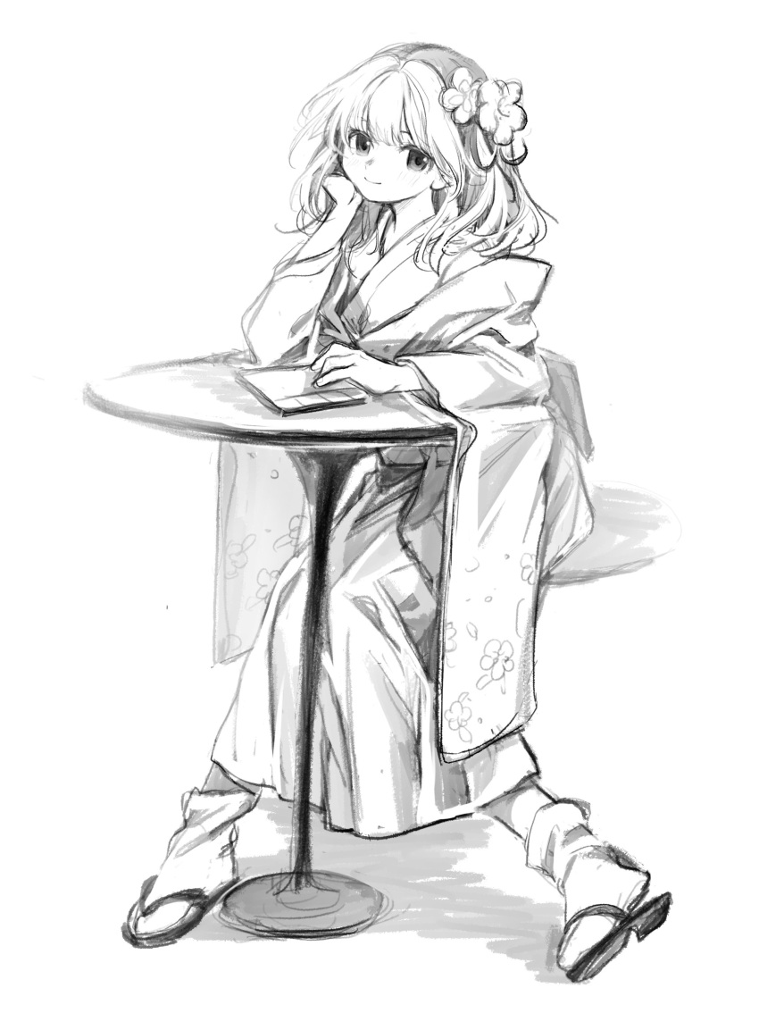 1girl 80isiiii absurdres closed_mouth flower full_body greyscale hair_flower hair_ornament hieda_no_akyuu highres japanese_clothes kimono long_sleeves monochrome short_hair simple_background sketch smile socks solo touhou white_background wide_sleeves