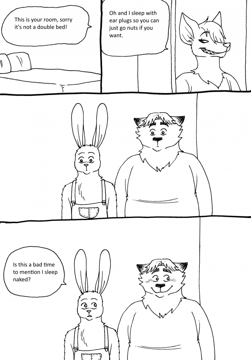 2023 anthro bed bernielover blush canid canine clothing comic dialogue disney duo english_text fan_character fox furniture gideon_grey hi_res lagomorph leporid male mammal overalls overweight overweight_male rabbit shirt text topwear zootopia