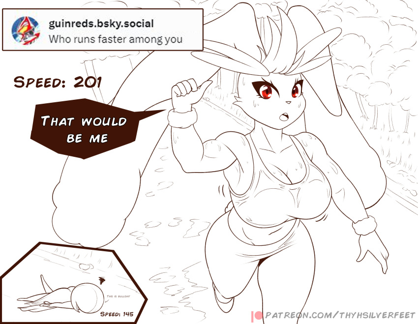 absurd_res ask_blog big_breasts bodily_fluids bottomwear breasts cleavage clothed clothing english_text female gardevoir generation_3_pokemon generation_4_pokemon hi_res jogging lopunny lying nintendo on_front outside pants plant pokemon pokemon_(species) sweat text thyhsilverfeet tree url