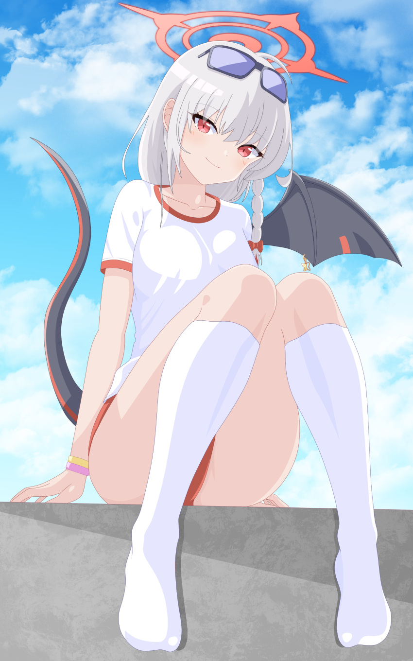 1girl absurdres ahoge bat_wings blue_archive bow braid breasts buruma closed_mouth eyewear_on_head grey_hair gym_shirt gym_uniform hair_bow halo haruna_(blue_archive) haruna_(track)_(blue_archive) highres long_hair looking_at_viewer medium_breasts official_alternate_costume pink_bow red_buruma red_eyes red_halo shirt single_wing smile solo sunglasses thighs twin_braids white_shirt wings youjinbou_(lizardman730)