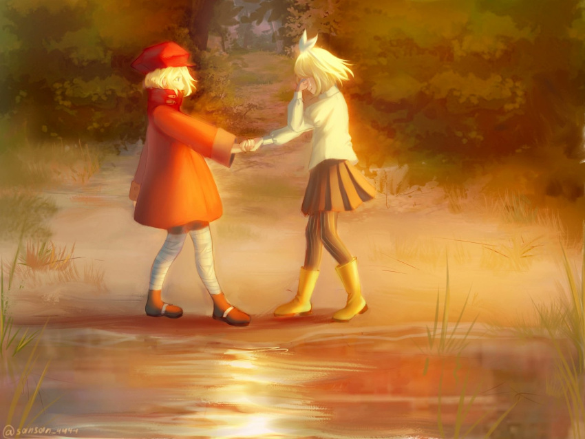 arte_(evillious_nendaiki) bandaged_leg bandages black_skirt blonde_hair blouse boots bow brown_footwear bush cabbie_hat chaban_capriccio_(vocaloid) crying evillious_nendaiki foliage forest grass green_eyes happy_tears hat high_collar highres holding_hands jacket juliet_sleeves kagamine_rin lilith_baldured long_jacket long_sleeves nature orange_theme pantyhose pleated_skirt pond puffy_sleeves red_headwear red_jacket reincarnation sansan_4444 shirt short_hair skirt smile streaming_tears striped striped_pantyhose sunset tears tree twitter_username vocaloid white_bow white_shirt wide_sleeves wiping_tears yellow_footwear