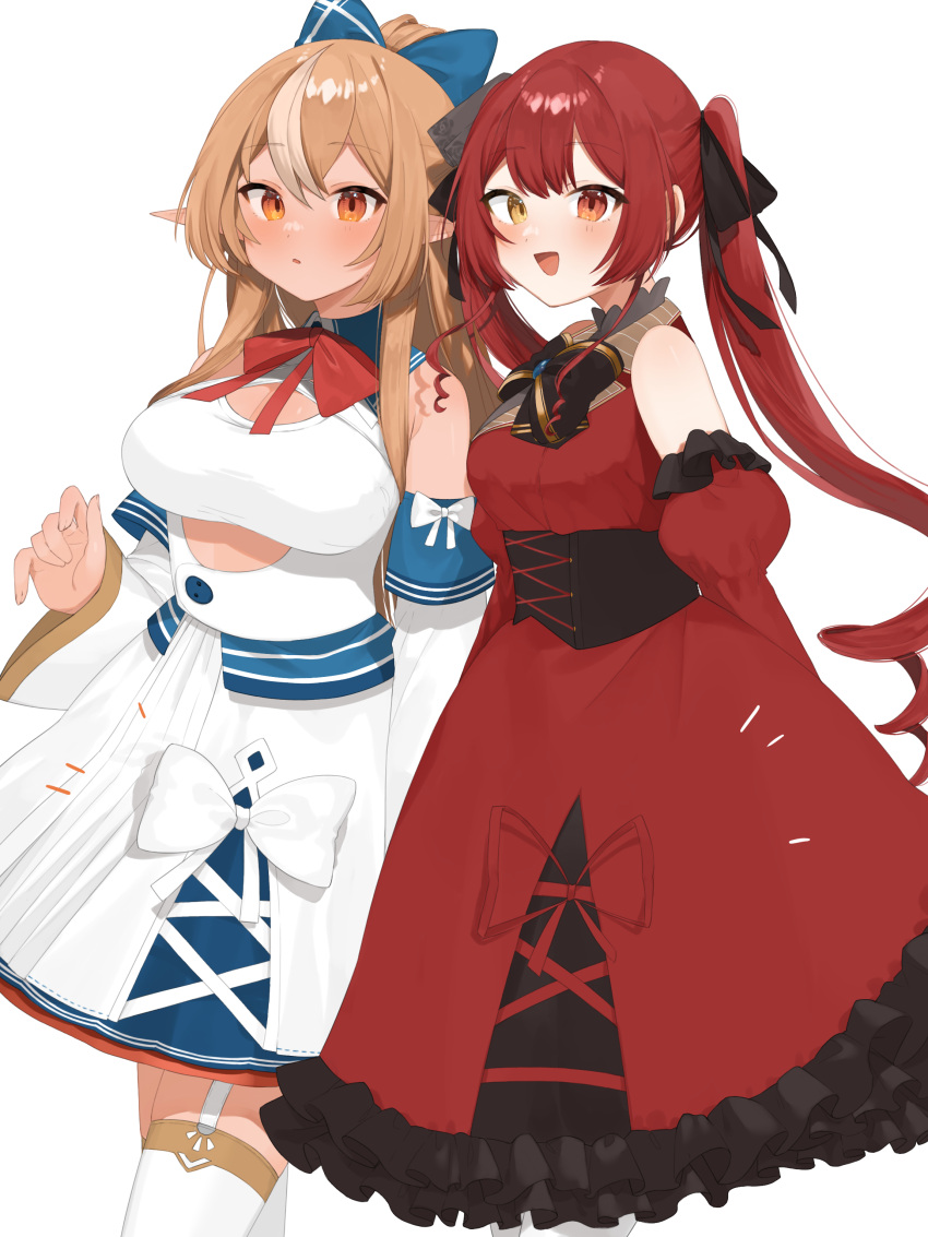2girls :d :o absurdres bare_shoulders black_bow black_bowtie blonde_hair blush bow bow_skirt bowtie breasts cleavage cleavage_cutout clothing_cutout cowboy_shot criss-cross_halter cutout_above_navel dark-skinned_female dark_skin detached_sleeves dress drill_hair elf frilled_dress frilled_sleeves frills garter_straps gothic_lolita hair_bow hair_ribbon halter_shirt halterneck heterochromia high_ponytail highres hololive houshou_marine juliet_sleeves lolita_fashion long_hair long_sleeves looking_at_viewer mikukana133 miniskirt multicolored_hair multiple_girls official_alternate_costume official_alternate_hair_length official_alternate_hairstyle pleated_skirt pointy_ears puffy_sleeves red_bow red_bowtie red_dress red_eyes red_hair red_sleeves ribbon ringlets shiranui_flare shirt sidelocks simple_background skirt skirt_set sleeveless sleeveless_dress smile streaked_hair thighhighs twin_drills twintails very_long_hair virtual_youtuber white_background white_garter_straps white_shirt white_skirt white_sleeves white_thighhighs wide_sleeves yellow_eyes
