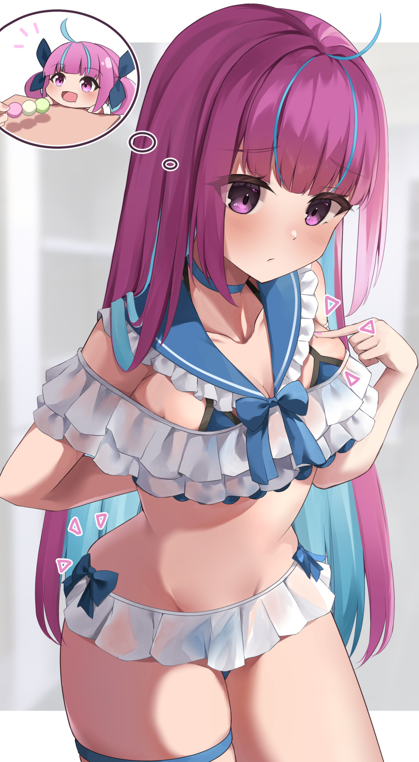 1girl :/ absurdres ahoge arm_behind_back bikini bikini_skirt blue_bow blue_choker blue_collar blue_hair blue_sailor_collar blunt_bangs blurry blurry_background blush bow breasts cet_(hajisirazunoko) choker cleavage closed_mouth collar collarbone colored_inner_hair cowboy_shot eyelashes frilled_bikini frilled_collar frills furrowed_brow groin hand_on_own_chest hand_up highres hololive layered_bikini leaning_forward long_hair looking_ahead medium_breasts minato_aqua multicolored_bikini multicolored_clothes multicolored_hair pink_eyes pink_hair sailor_collar solo standing straight_hair streaked_hair swimsuit thigh_strap thought_bubble two-tone_hair virtual_youtuber