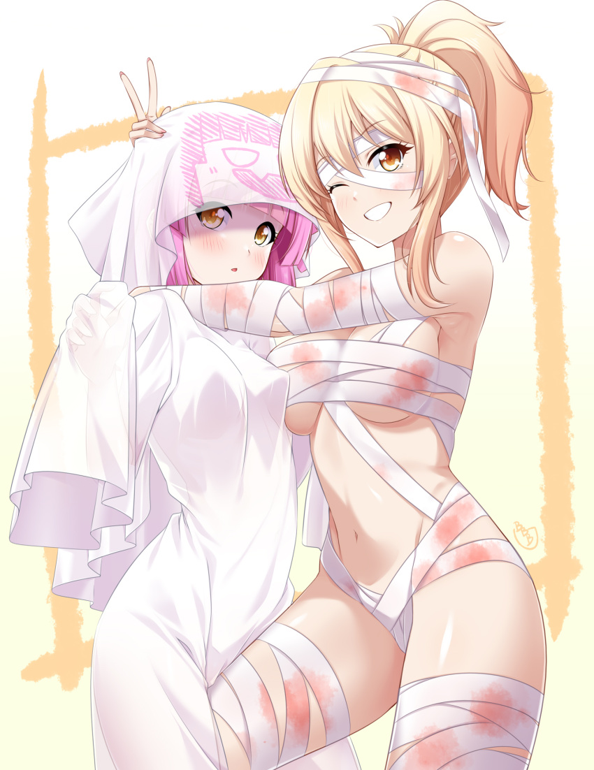 2girls bandaged_head bandages blonde_hair blush bunji commentary_request fake_blood ghost_costume halloween highres hood looking_at_viewer love_live! love_live!_nijigasaki_high_school_idol_club miyashita_ai multiple_girls mummy_costume navel open_mouth pink_hair ponytail simple_background tennouji_rina v yellow_eyes