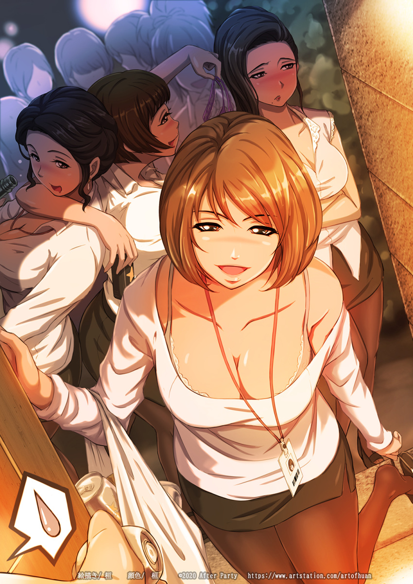 6+girls :d :o arm_around_neck artofhuan bag beer_can between_breasts black_hair black_skirt bob_cut bottle breasts brown_eyes brown_hair can crowd dated highres id_card lanyard large_breasts mature_female mole mole_under_mouth multiple_girls night office_lady opening_door panties panties_removed pantyhose pencil_skirt removing_shoes shirt shopping_bag skirt smile spoken_sweatdrop sweatdrop underwear watermark web_address white_shirt